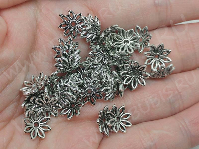 (ОПТ) 218 Шапочка цветочек ажурный 10,5*10*2,8мм античное серебро (литьё) (50шт)