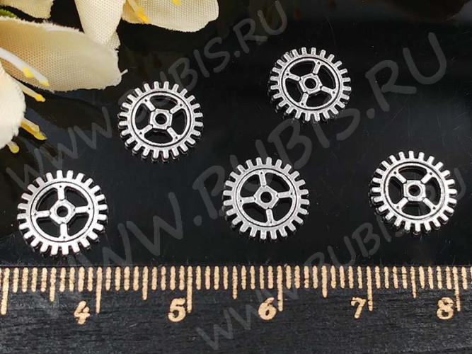 (ОПТ) Шестерёнка 17 двусторонняя 10*10*1мм античное серебро (литьё) (Steampunk) (50шт.)
