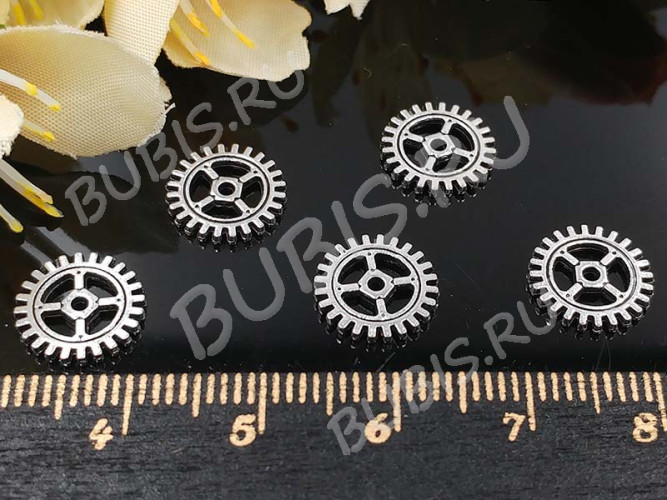 (ОПТ) Шестерёнка 17 двусторонняя 10*10*1мм античное серебро (литьё) (Steampunk) (50шт.)