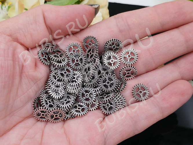 (ОПТ) Шестерёнка 17 двусторонняя 10*10*1мм античное серебро (литьё) (Steampunk) (50шт.)