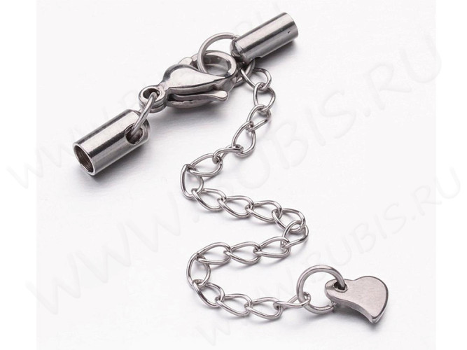 Замочек карабин №081 с концевиками (3,2мм) и удлиняющей цепочкой с сердечком цвет платины (Хирургическая сталь)