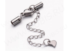 Замочек карабин №081 с концевиками (3,2мм) и удлиняющей цепочкой с сердечком цвет платины (Хирургическая сталь)
