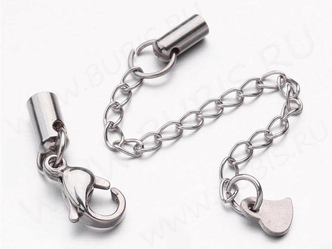 Замочек карабин №081 с концевиками (3,2мм) и удлиняющей цепочкой с сердечком цвет платины (Хирургическая сталь)