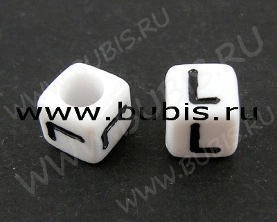 Бусина кубик 6*6мм с буквой "L" бело-чёрный непрозрачный (акрил)