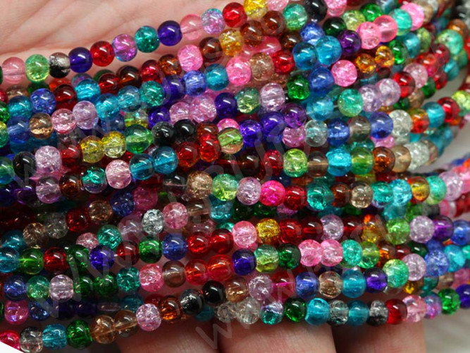 Бусина округлая "Лёд" 4мм яркий МИКС прозрачный (стекло кракле) (НИТЬ)