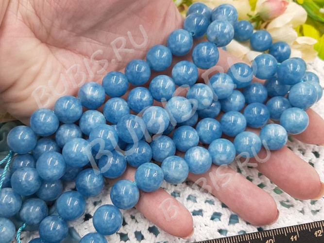 (ОПТ) Бусина округлая ГЛАДКАЯ 12мм Кварцит т.голубой (имитация Аквамарина) (камни) (НИТЬ)