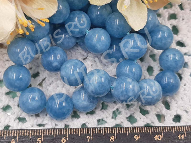(ОПТ) Бусина округлая ГЛАДКАЯ 12мм Кварцит т.голубой (имитация Аквамарина) (камни) (НИТЬ)