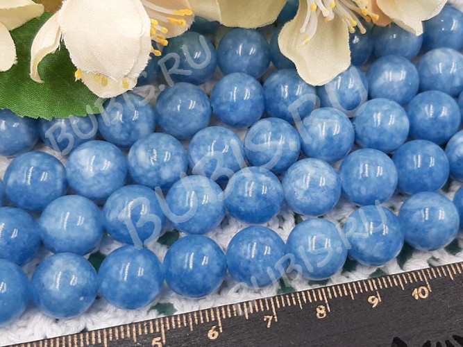 (ОПТ) Бусина округлая ГЛАДКАЯ 12мм Кварцит т.голубой (имитация Аквамарина) (камни) (НИТЬ)