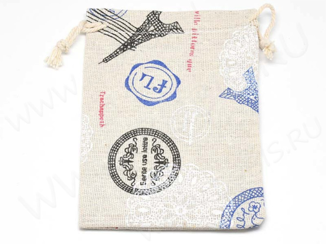Мешочек холщовый 08 14*10см льняной с печатями (ткань) (упаковка для украшений)