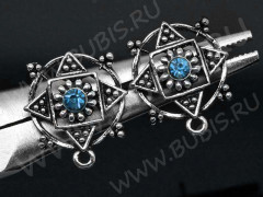 Пуссеты (&quot;гвоздики&quot;) №031 со стразом 17*15*15мм античное серебро и голубо-бирюзовый (литьё) (1 пара)