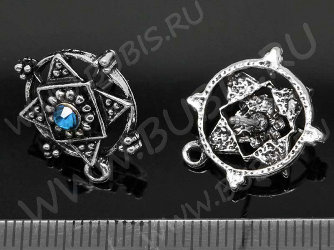 Пуссеты ("гвоздики") №031 со стразом 17*15*15мм античное серебро и голубо-бирюзовый (литьё) (1 пара)