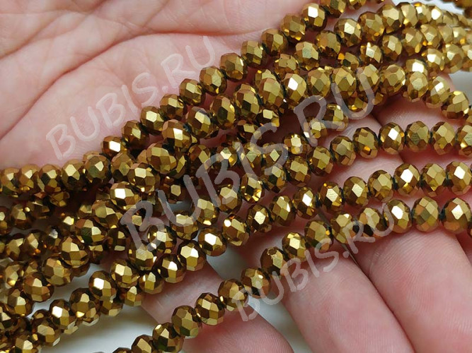 (ОПТ) Бусина Абакус гранёный 6*6*4,5мм Хрусталь т.золотистый непрозрачный (имитация Сваровски) (100шт.)