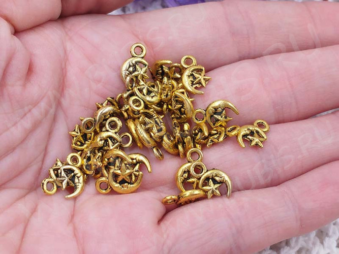 (ОПТ) Подвеска Луна 02 двусторонняя со звездой 12*7,5*2мм античное золото (литьё) (100шт.)