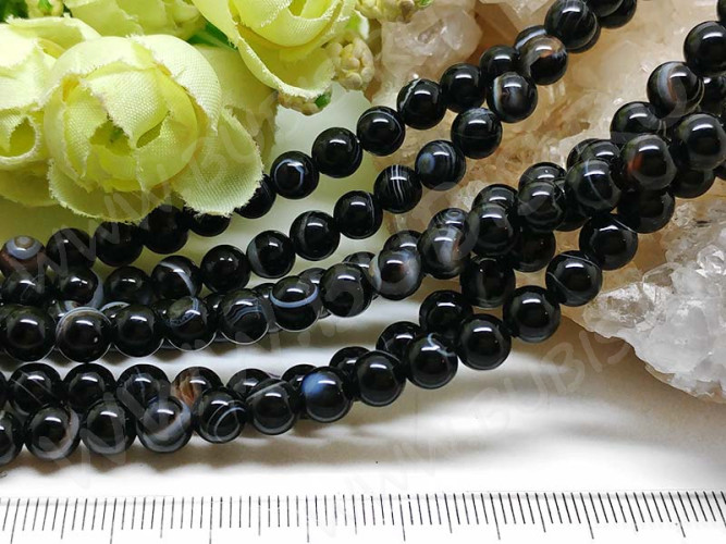 (ОПТ) Бусина округлая 6мм Агат черный натуральный (камни) (НИТЬ)