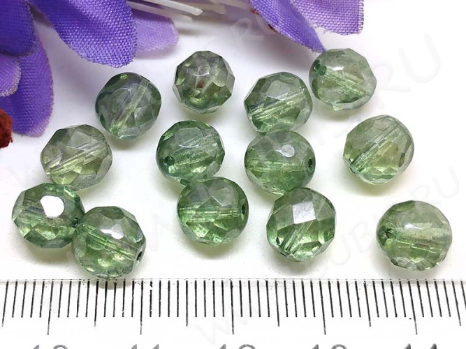 (СКИДКИ!!!) Округлая гранёная бусина 8мм бл.зелёная с прозрачным бензином прозрачная (Чешское стекло) (10шт.)