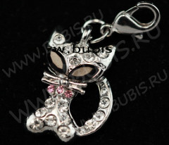 Подвеска Кошка 18 24*13*5мм с прозрачными и розовыми стразами (цветные подвески)
