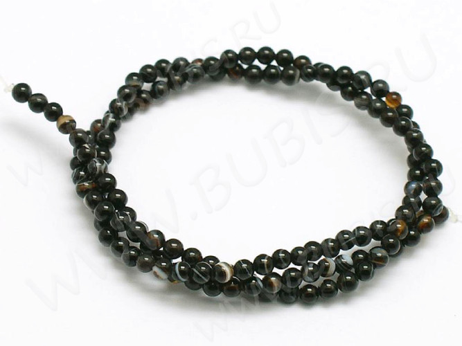 (ОПТ) Бусина округлая ГЛАДКАЯ "каменный бисер" 3мм Агат черный натуральный (камни) (НИТЬ)