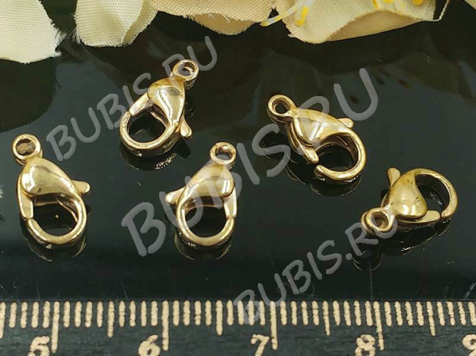 Замочек карабин №038-G-10 12*7*3,5мм золотистый Real Gold Plated (LUX Китай)(Хирургическая сталь)(10шт) 