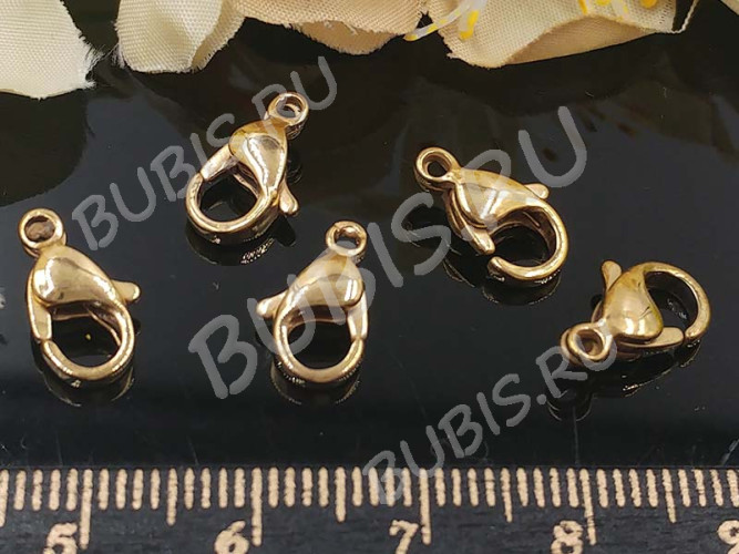 Замочек карабин №038-G-10 12*7*3,5мм золотистый Real Gold Plated (LUX Китай)(Хирургическая сталь)(10шт) 