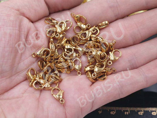 Замочек карабин №038-G-10 12*7*3,5мм золотистый Real Gold Plated (LUX Китай)(Хирургическая сталь)(10шт) 