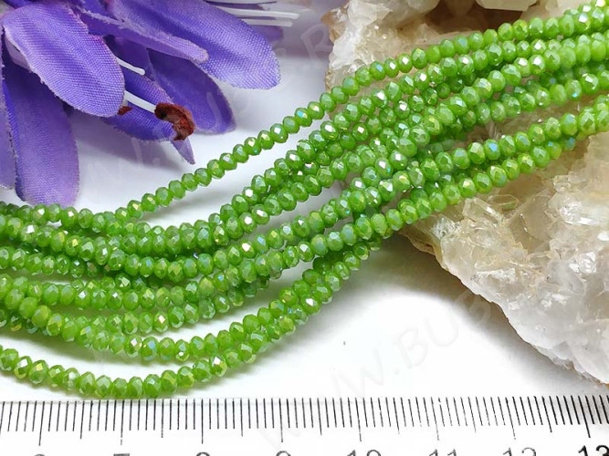 Бусина кристалл гранёный абакус 3*3*2мм св.зелёный с АВ непрозрачный (имитация Сваровски) (50шт.)