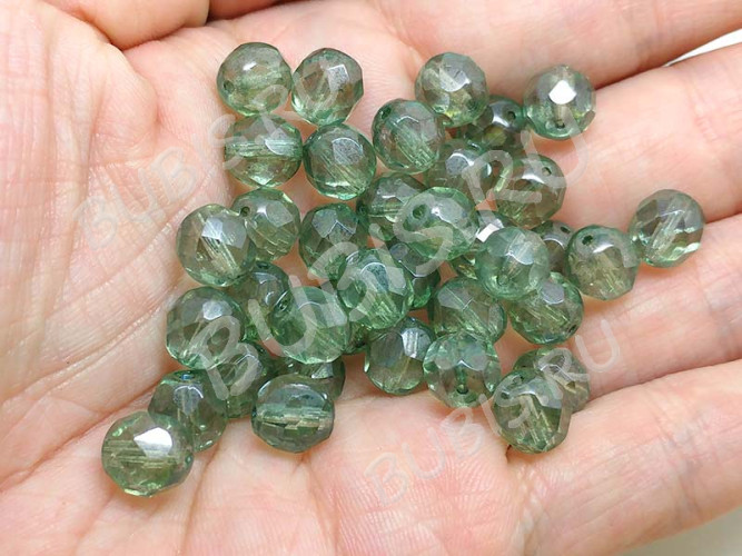 (ОПТ) Округлая гранёная бусина 8мм бл.зелёная с прозрачным бензином прозрачная (Чешское стекло) (100шт.)