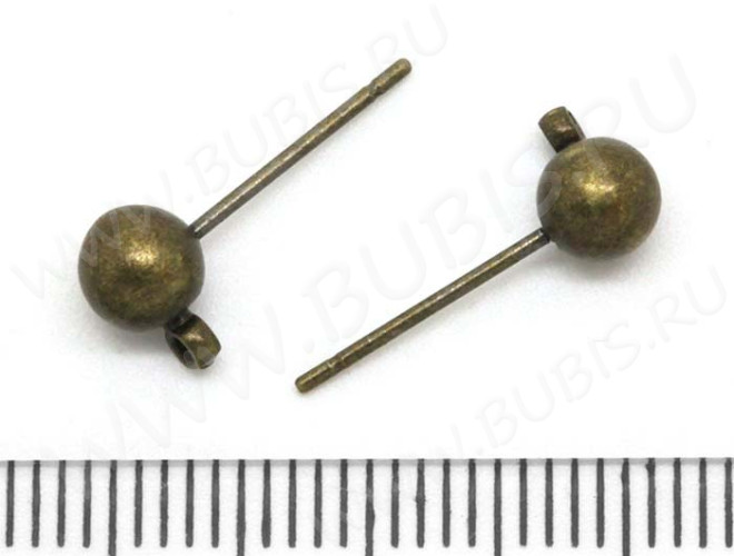 Пуссеты ("гвоздики") №055 с шариком 5мм и петлёй 16*7*0,7мм античная бронза (Brass) (1 пара)
