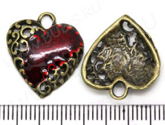 Подвеска Сердечко 54 Раненое ажурное 20*17,5*3мм античная бронза и бордовое (литьё)
