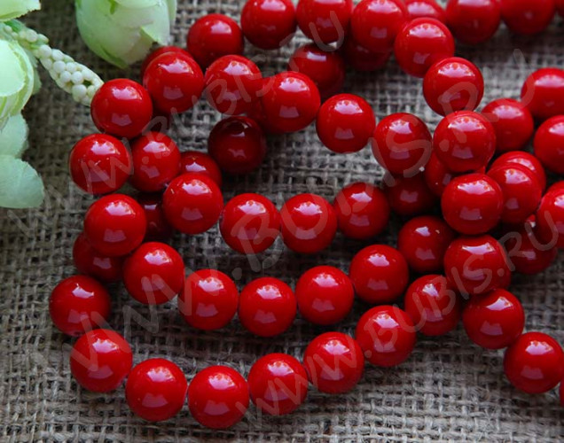 (ОПТ) Бусина округлая 10мм Коралл красный пресс. (камни) (НИТЬ)