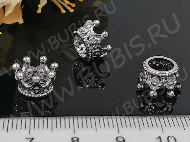 Бусина Корона 05 с инкрустацией 11*11*7мм цвет платины и прозрачный (Milano LUX) (Brass и фианиты)