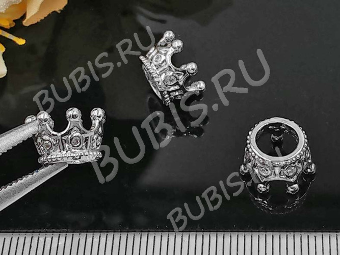 Бусина Корона 05 с инкрустацией 11*11*7мм цвет платины и прозрачный (Milano LUX) (Brass и фианиты)
