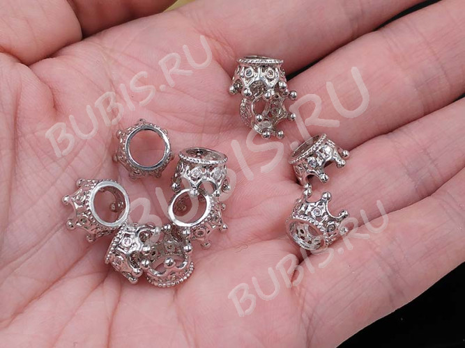 Бусина Корона 05 с инкрустацией 11*11*7мм цвет платины и прозрачный (Milano LUX) (Brass и фианиты)