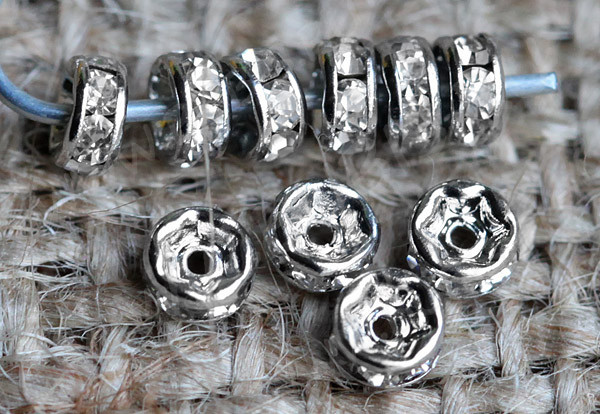 Рондель со стразами 12 разделитель 4*2мм цвет платины и прозрачный (Brass и стекло)(10шт)