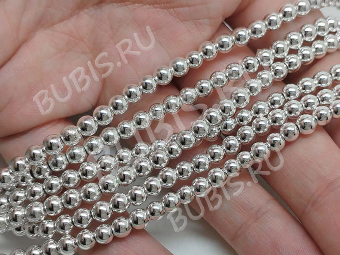 Бусина округлая 4мм Гематит серебристый (камни) (10шт.)