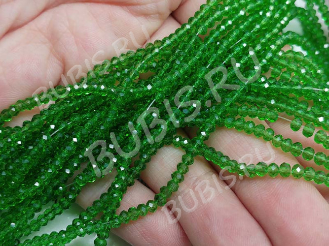 Бусина кристалл гранёный абакус 3*3*2мм зелёный прозрачный (имитация Сваровски) (50шт.)