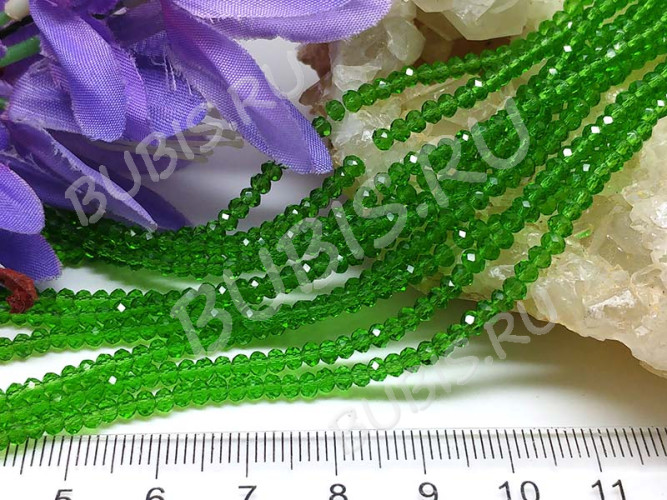Бусина кристалл гранёный абакус 3*3*2мм зелёный прозрачный (имитация Сваровски) (50шт.)