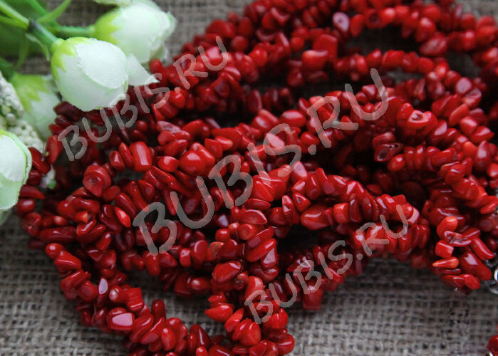 Крошка (галтовка) каменная 202 4-9мм Коралл красно-оранжевый натуральный (камни) (длинная нить прим. 90см)