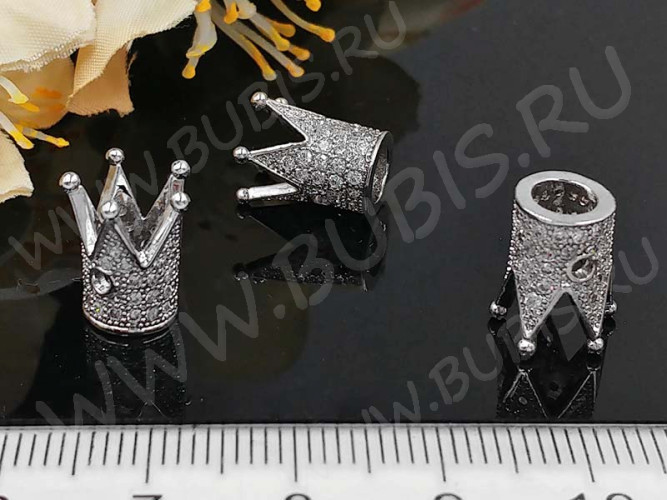 Бусина Корона 06 с инкрустацией 11,5*10*9,5мм цвет платины и прозрачный (Milano LUX) (Brass и фианиты)