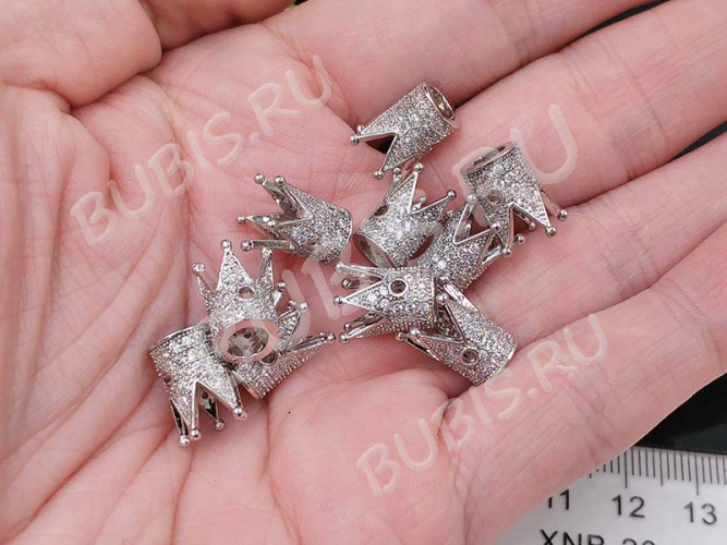 Бусина Корона 06 с инкрустацией 11,5*10*9,5мм цвет платины и прозрачный (Milano LUX) (Brass и фианиты)