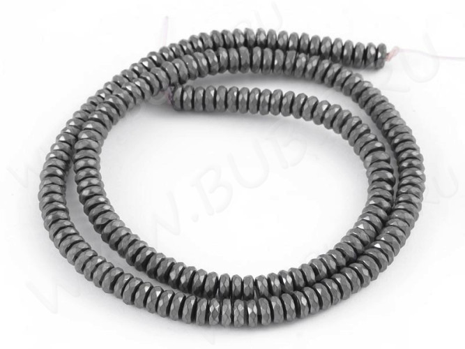 (ОПТ) Бусина каменная Рондель 50 гранёный матовый 5,5*5,5*1,8мм Гематит синт. (камни) (100шт.)