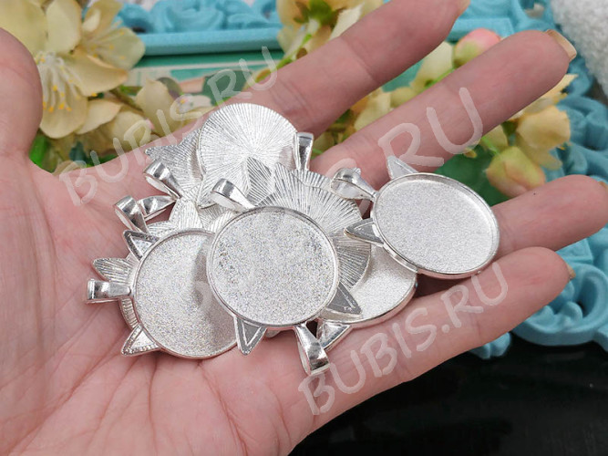 Подвеска-сеттинг Круг 43 Мордочка кошки с сеттингом 25мм 37*27*2,4мм серебристая (литьё)