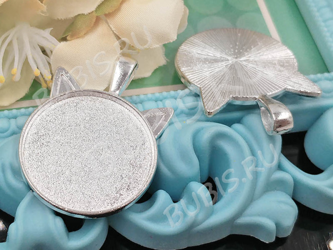 Подвеска-сеттинг Круг 43 Мордочка кошки с сеттингом 25мм 37*27*2,4мм серебристая (литьё)