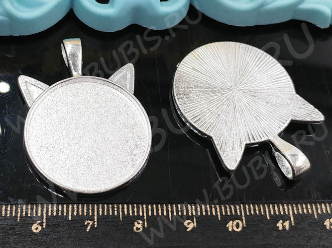 Подвеска-сеттинг Круг 43 Мордочка кошки с сеттингом 25мм 37*27*2,4мм серебристая (литьё)