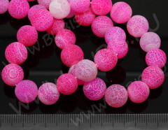 (ОПТ) Бусина округлая 10мм матовый Агат кракле яр.розовый полупрозрачный (камни) (НИТЬ)