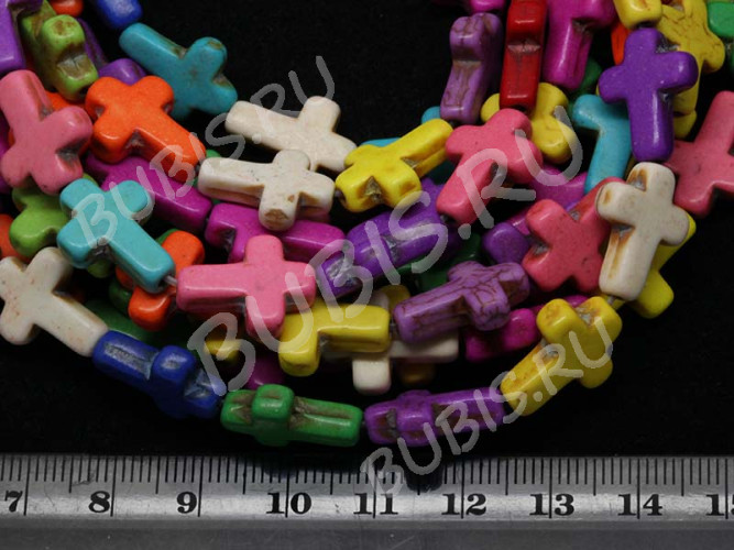 (ОПТ) Бусина каменная Крестик 02 Бирюза 16*12*4,5мм МИКС цветов (камни) (НИТЬ)