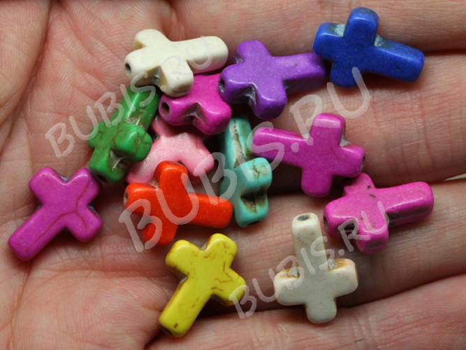 (ОПТ) Бусина каменная Крестик 02 Бирюза 16*12*4,5мм МИКС цветов (камни) (НИТЬ)