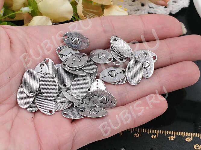 (СКИДКИ!!!) Подвеска Овал 05 Жетон с сердечком 15,5*9,5*1,5мм античное серебро (литьё) (10шт.)