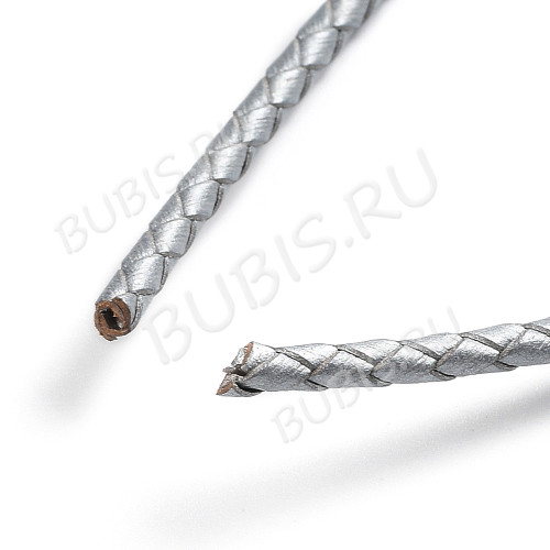 Шнур кожаный 40 натуральный плетёный круглый 3мм серебристый (1м)