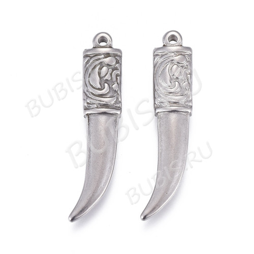 Подвеска клык 10 Кулон стальной 31*7мм цвет платины (Хирургическая сталь)