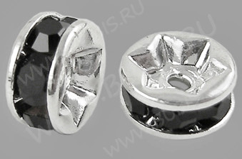 Рондель со стразами 01 большой 12*12*3,7мм серебристый с чёрными стразами (Brass)